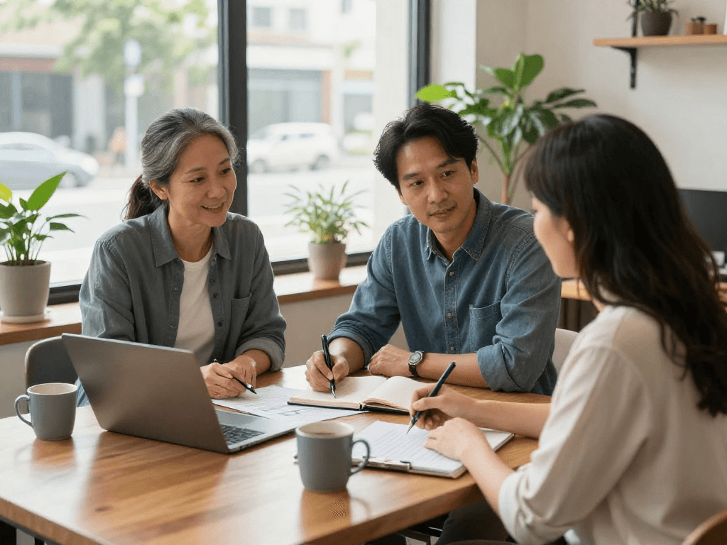 Couple discussing credit-consolidation.ca/ financial options with advisor in welcoming office.