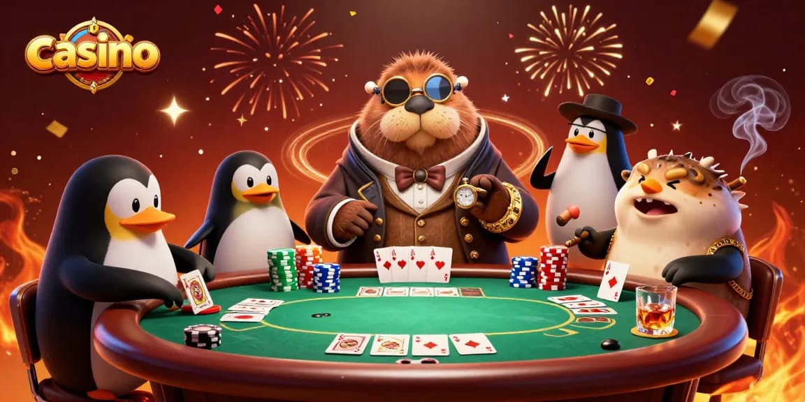 Engaging underwater poker scene featuring a casino walrus, dealer penguin, and bluffing pufferfish.