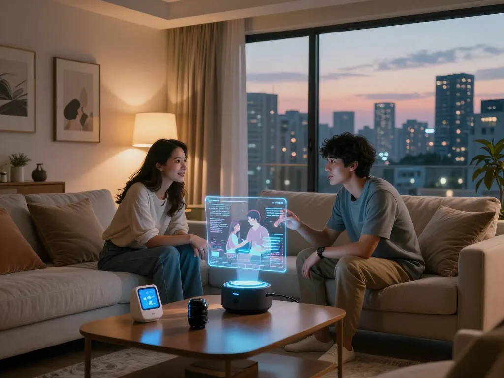 Couple exploring ai sex scenarios with AI holograms in modern living room.