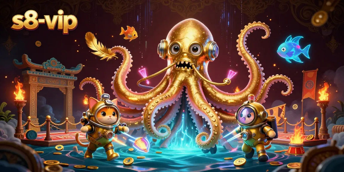 Engage in thrilling experiences at s8-vip with a vibrant 3D scene featuring a kraken and a diving cat amidst gold treasures.