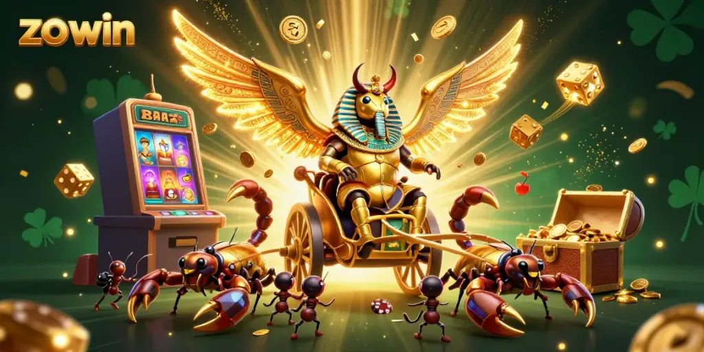 Engage in exciting gameplay with the zo win casino illustration showcasing a rich, dynamic scene of a golden scarab beetle and slots.