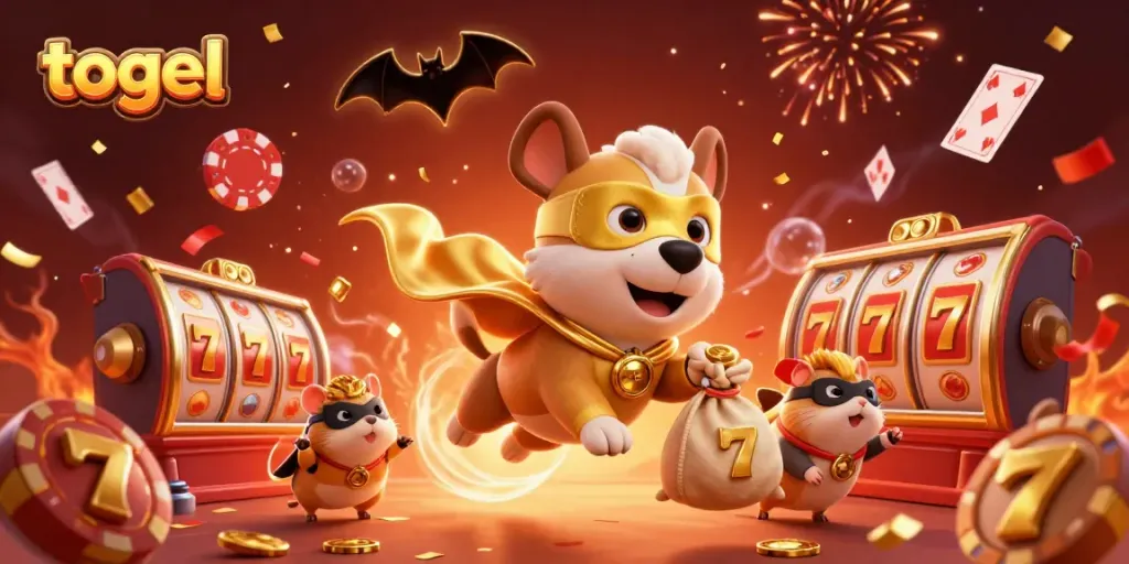 Catching bright prizes in togel as a superhero dog flies with gold coins and playful elements.
