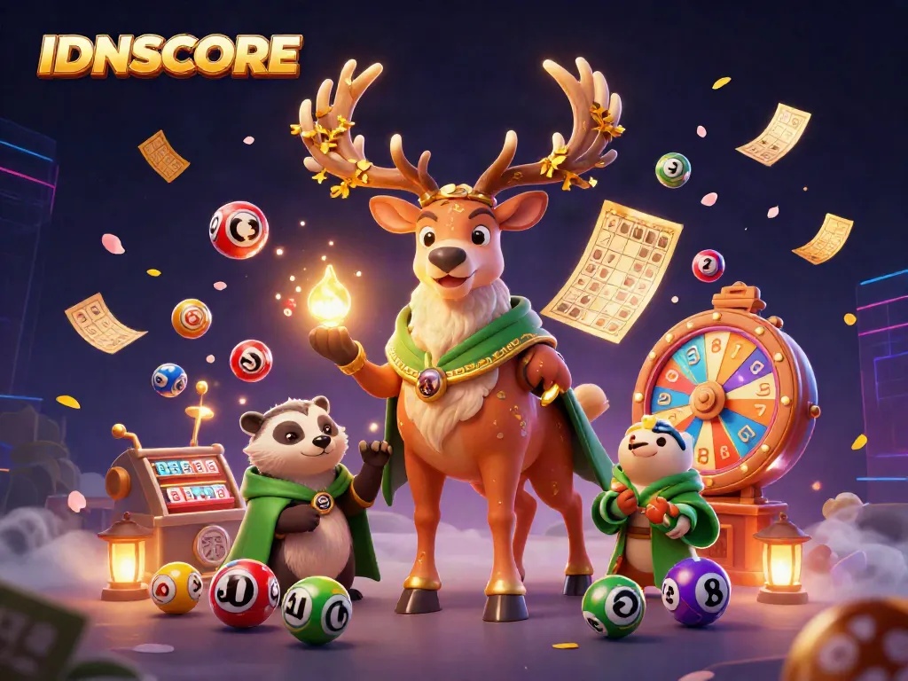 Engage with IDNSCORE's vibrant lottery scene, featuring dynamic elements and character interactions.
