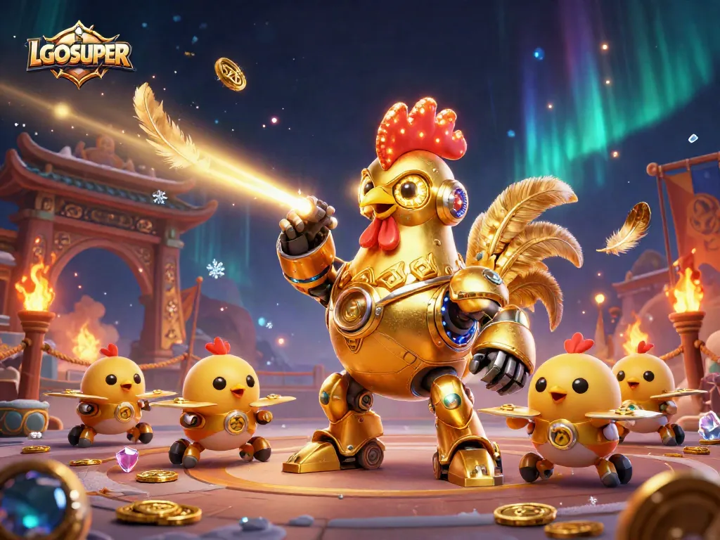 Engage with LGOSUPER in a vibrant casino scene featuring a golden rooster robot and baby chick drones.