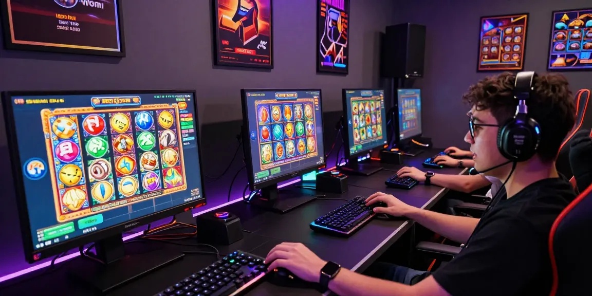 Players excitedly enjoying an online slot game at a modern gaming station, showcasing deposit tanpa minimal options with zero fees.