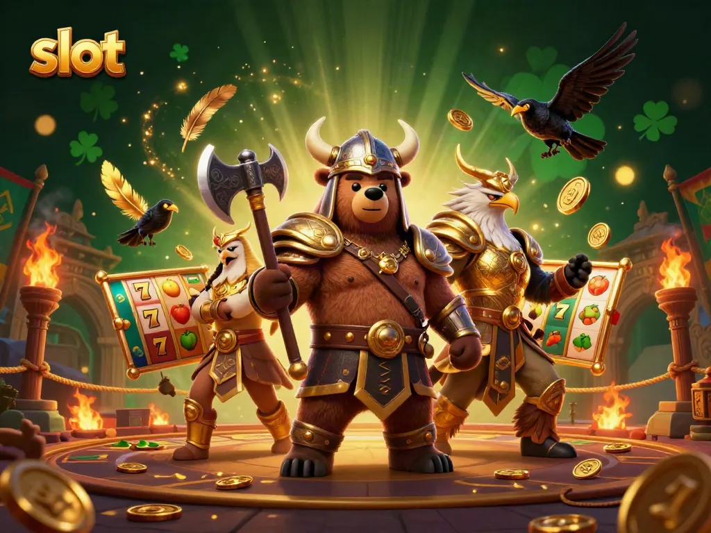 Experience thrilling slots action with a Viking bear and Valkyrie in dynamic casino scene.