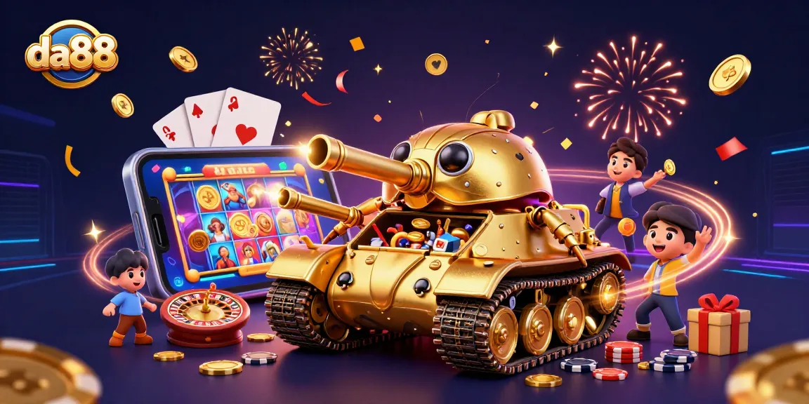 Experience the thrill of da88 with a vibrant casino scene featuring a golden beetle tank and slot games.