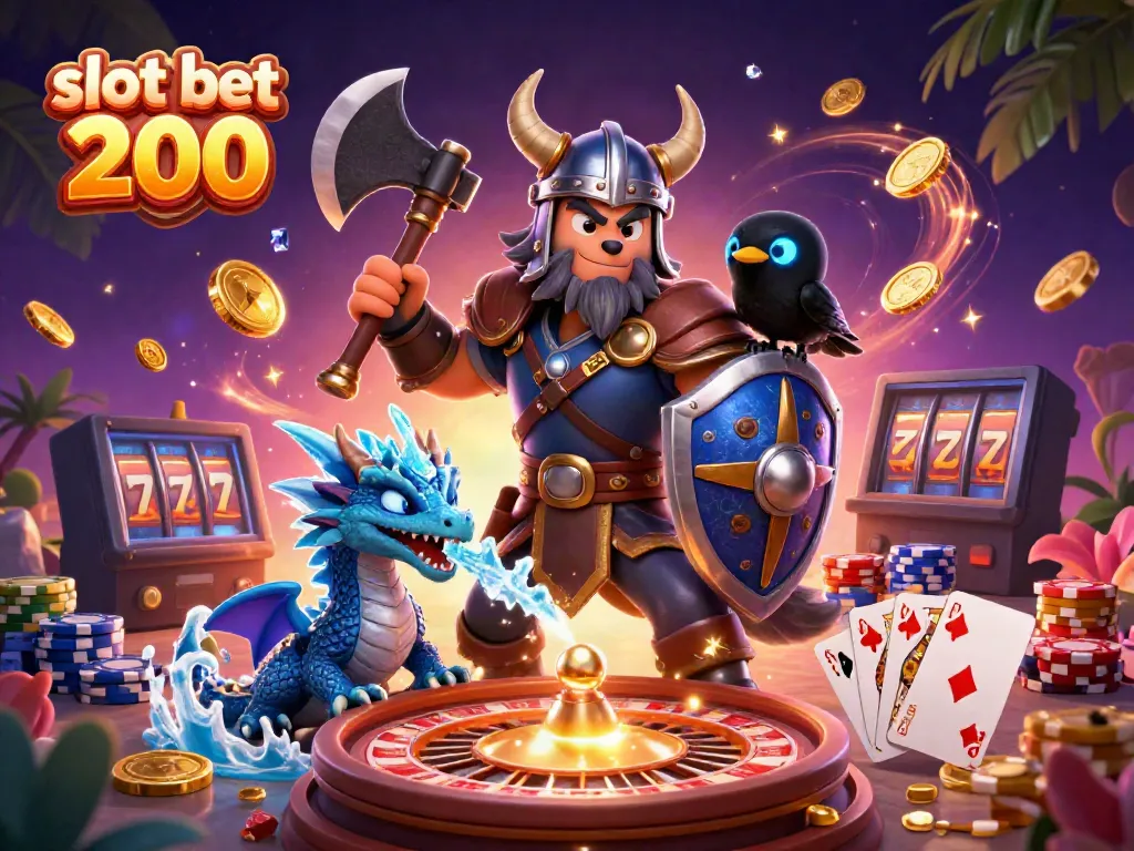 Pengalaman slot bet 200 dengan karakter Viking dan naga, dikelilingi koin emas dan efek kasino.