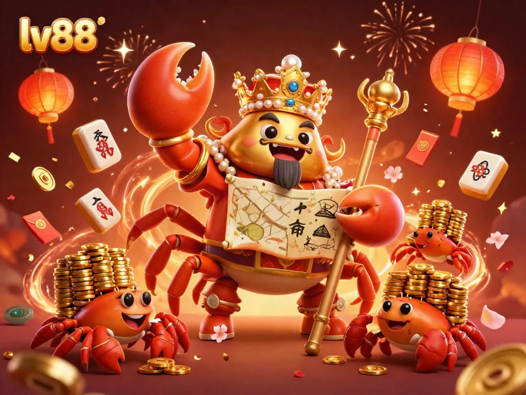 Experience the excitement of lv88 with a golden crab emperor commanding treasures in a vibrant casino-themed illustration.