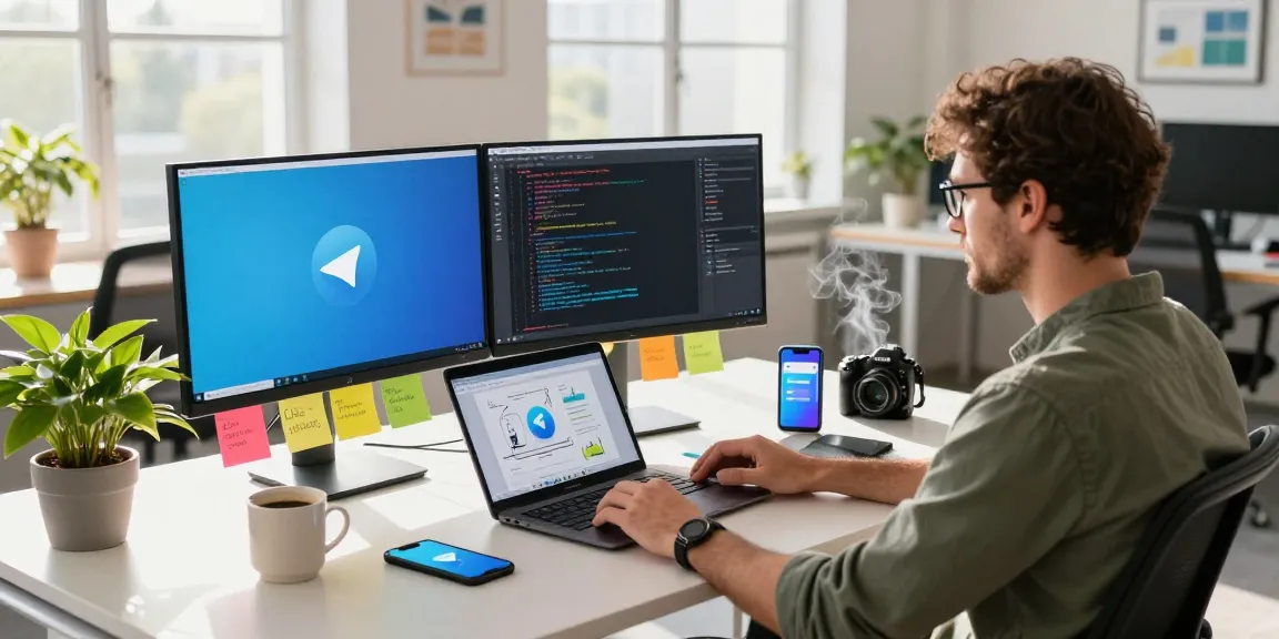 Engaged developer at modern desk using Telegram Download app with dual monitors and creative workspace.