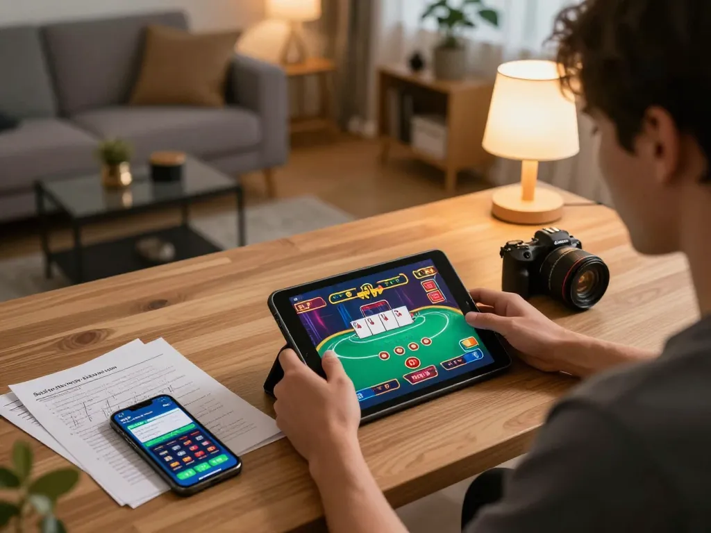 Engage in online poker with a safe link resmi on a tablet during a cozy home gaming session.