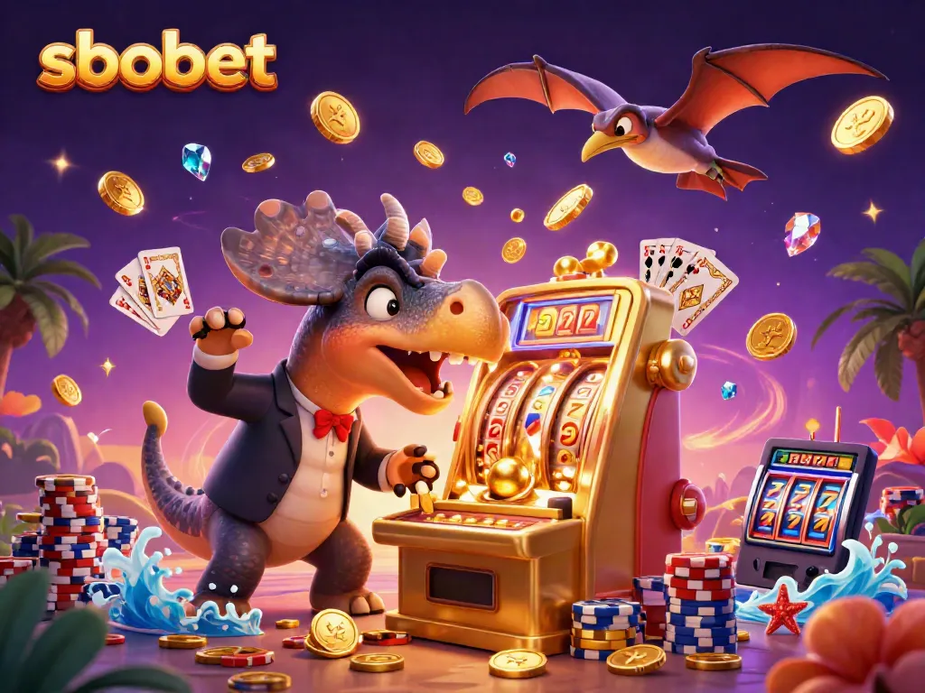 SBOBET embraces excitement as a cartoon dinosaur celebrates a slot machine jackpot amid cascading coins.