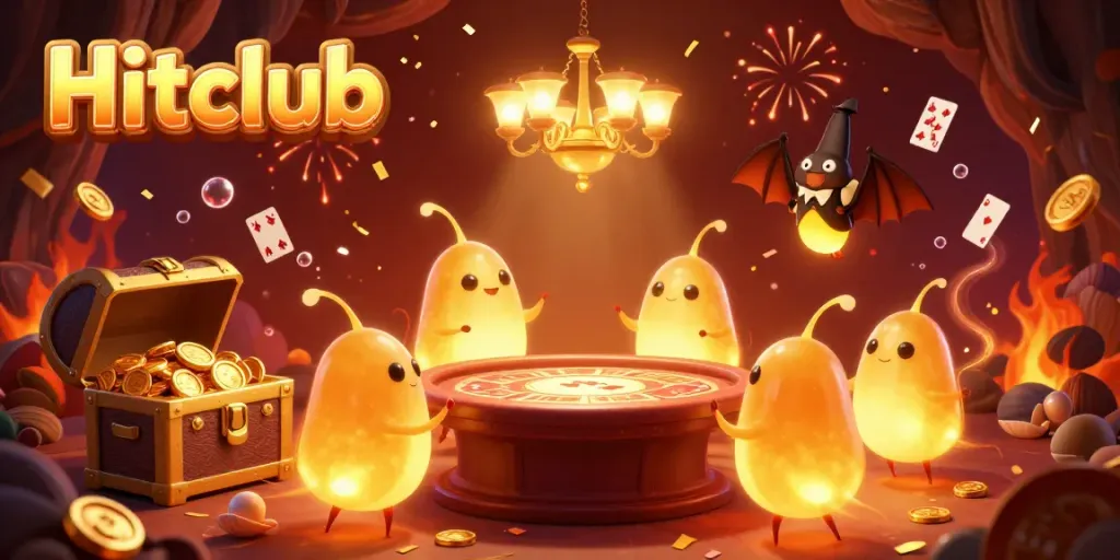 Engage in the Hitclub experience with a lively cave casino scene illuminated by bioluminescent glowworms.