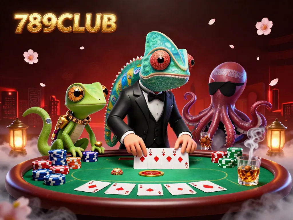 Engage in thrilling poker action with 789CLUB through a dynamic illustration featuring a colorful cast and vibrant gaming elements.