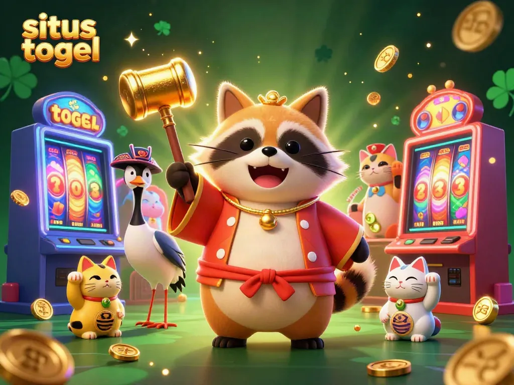 Experience situs togel with our cheerful tanuki and friends enjoying colorful slot machines and gold coins.