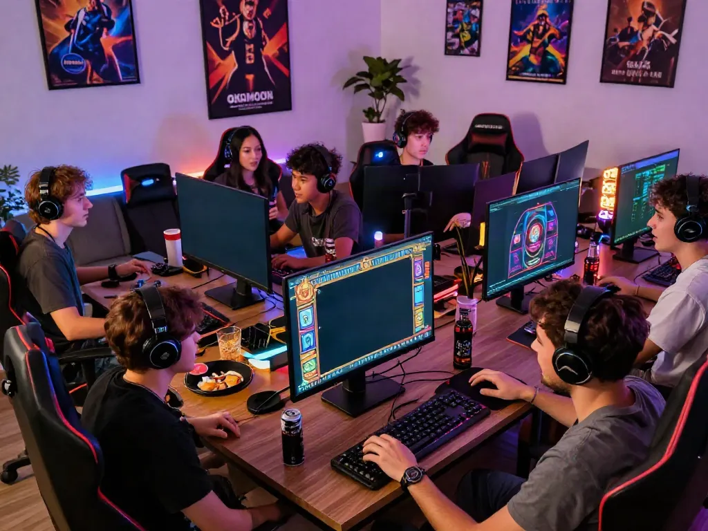 Friends enjoying qqmacan slot games in a vibrant gaming setup.