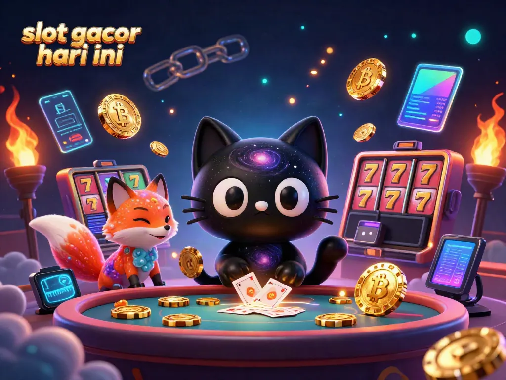 Experience slot gacor hari ini with a cosmic cat at a vibrant casino table, amidst colorful game elements.