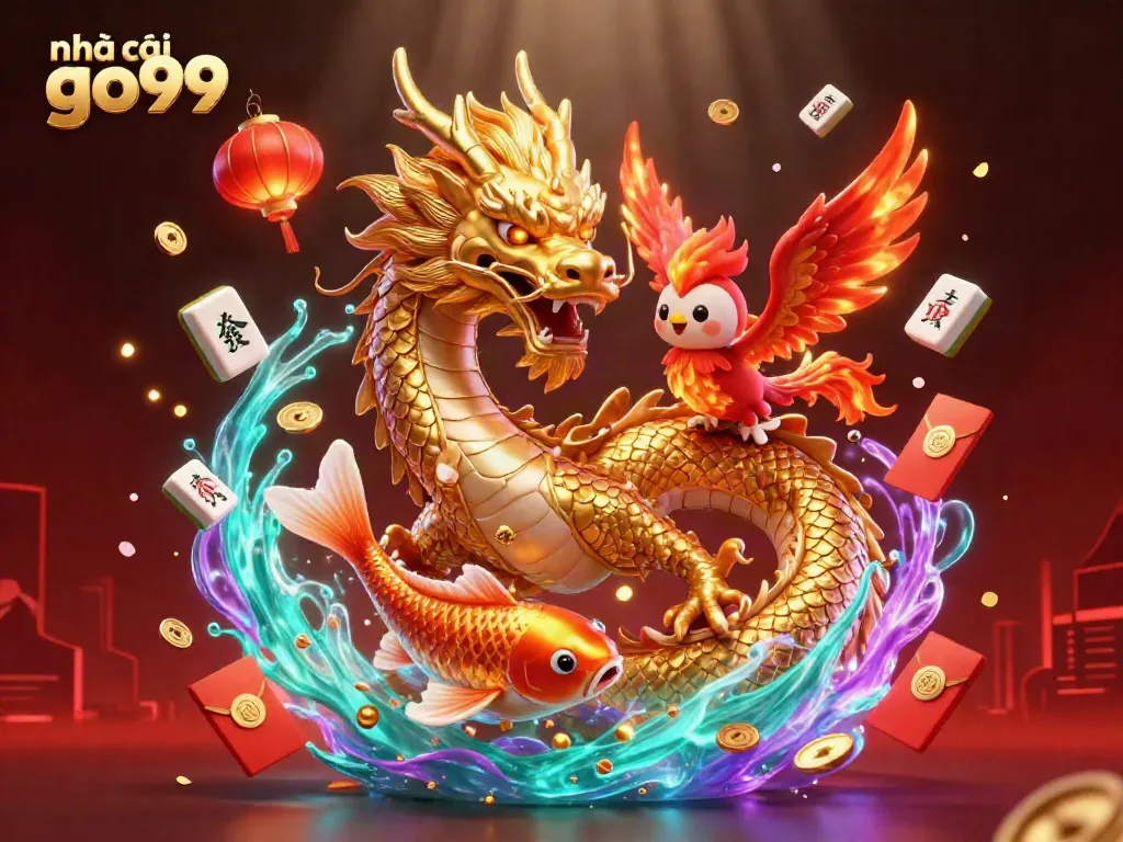Engage with nhà cái go99, experiencing the excitement of a golden dragon, phoenix, and koi amidst vibrant gambling symbols.
