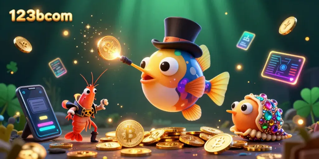Engage with 123bcom's vibrant 3D casino scene featuring playful characters attracting golden coins.