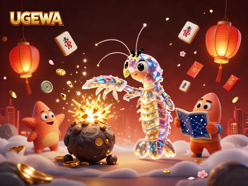 Engage in exciting gameplay at UGDEWA with a cartoon mantis shrimp amidst colorful gambling elements.