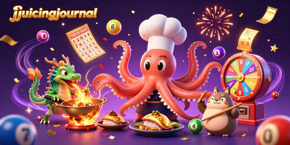 Juicingjournal showcases a vibrant 3D scene featuring an octopus chef and a dragon with lottery elements.