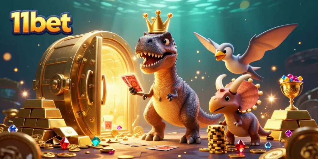 Exciting scene showcasing 11bet gaming action with friendly dinosaurs playing cards and stacking chips.