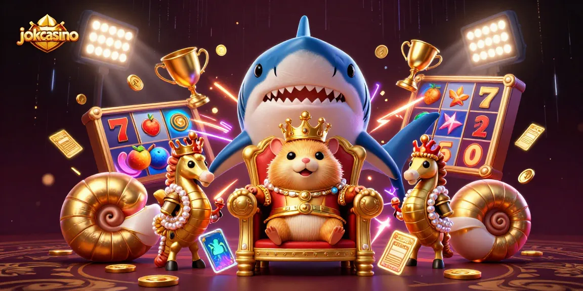Engage with jokacasino's vibrant scene of a golden hamster king on a shark throne, celebrating casino wins.