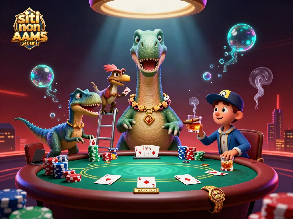 Sedi non AAMS sicuri per il gioco d'azzardo, con un brontosauro gigante che osserva un tavolo da poker prospero