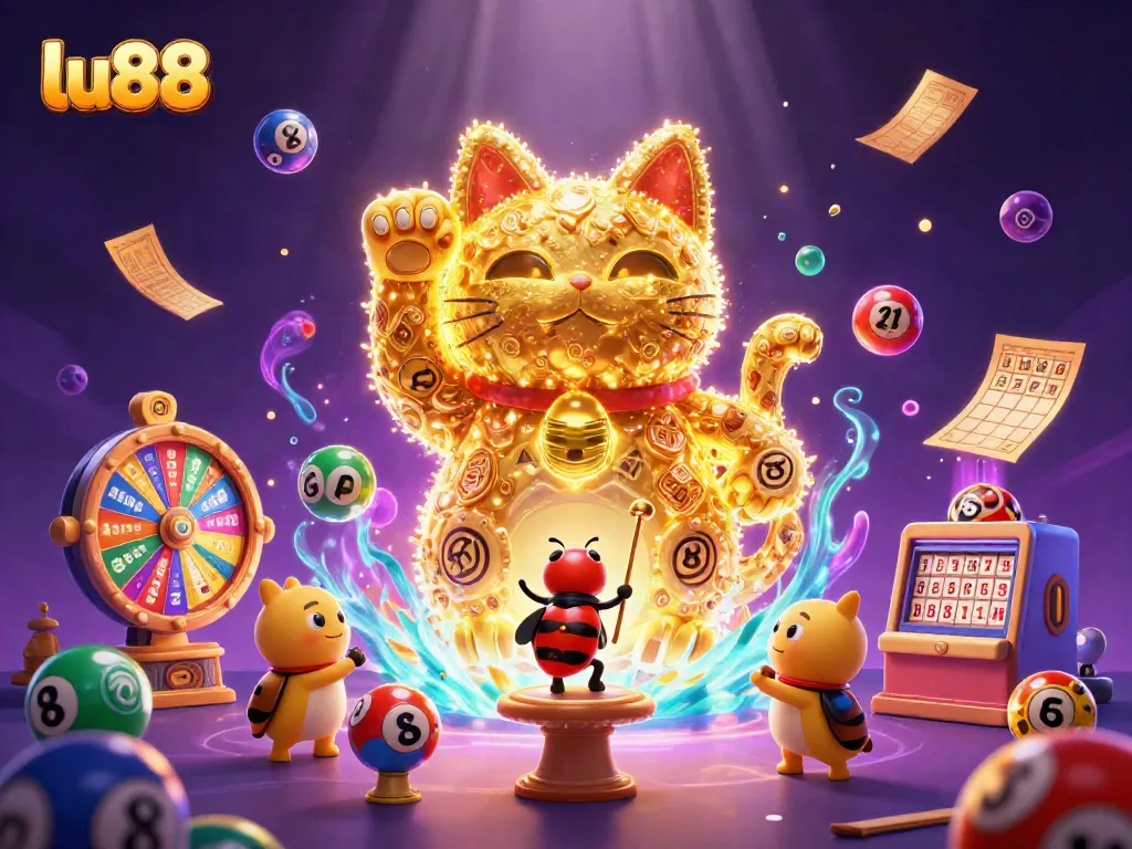 Experience excitement with lu88's dynamic golden lucky cat illustration, enhanced with vibrant casino elements.