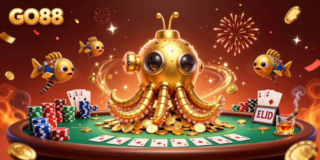 Experience the excitement of GO88 with vibrant casino scenes showcasing thrilling card games and lively interactions.