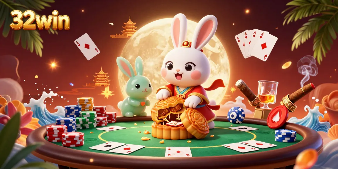 Experience thrill with 32win's vibrant casino illustration showcasing poker and folklore.