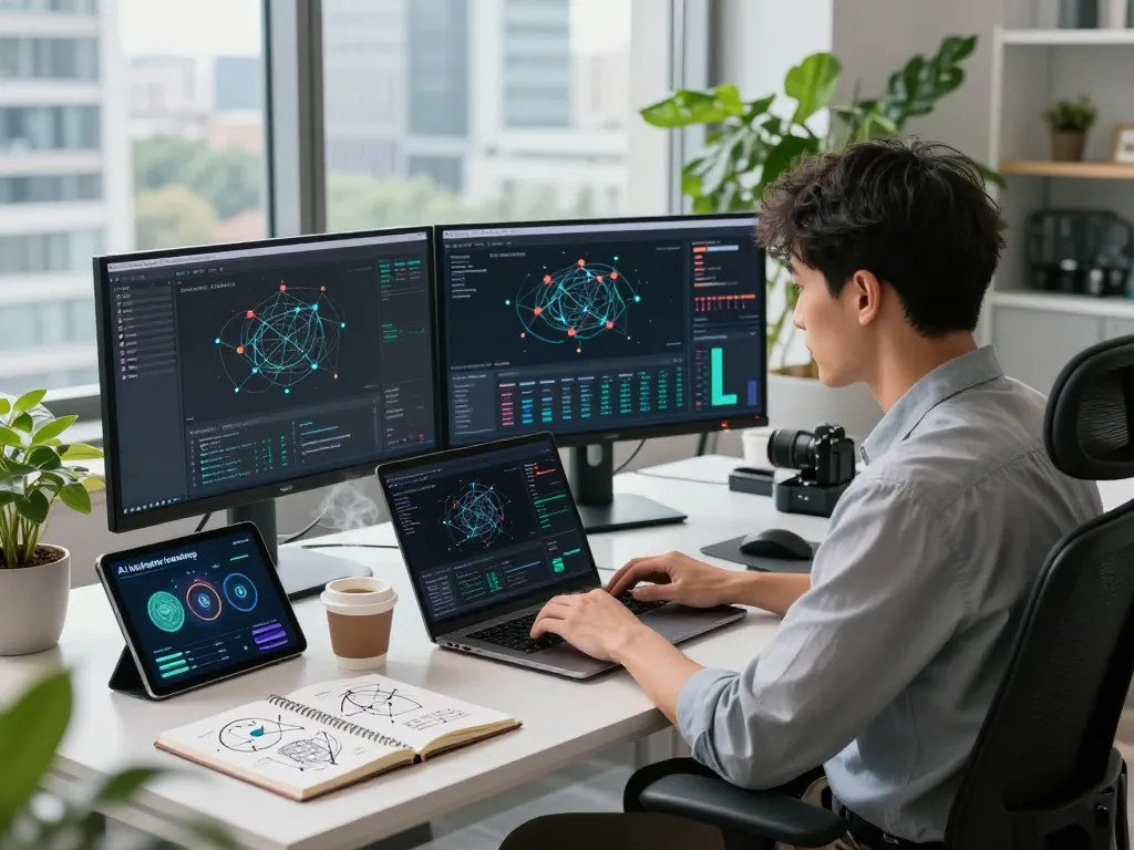 快连 technology workspace showcasing a developer optimizing network solutions with advanced algorithms.