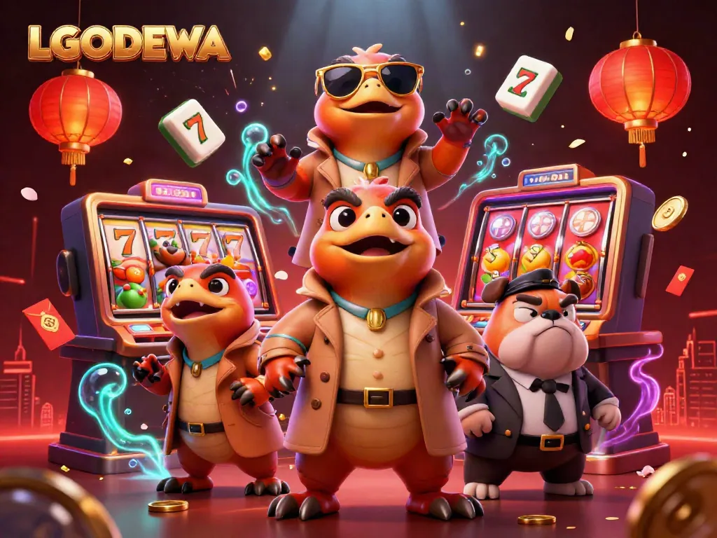 Experience the thrill of LGODEWA with playful raptors in a trench coat entering a vibrant casino lounge.