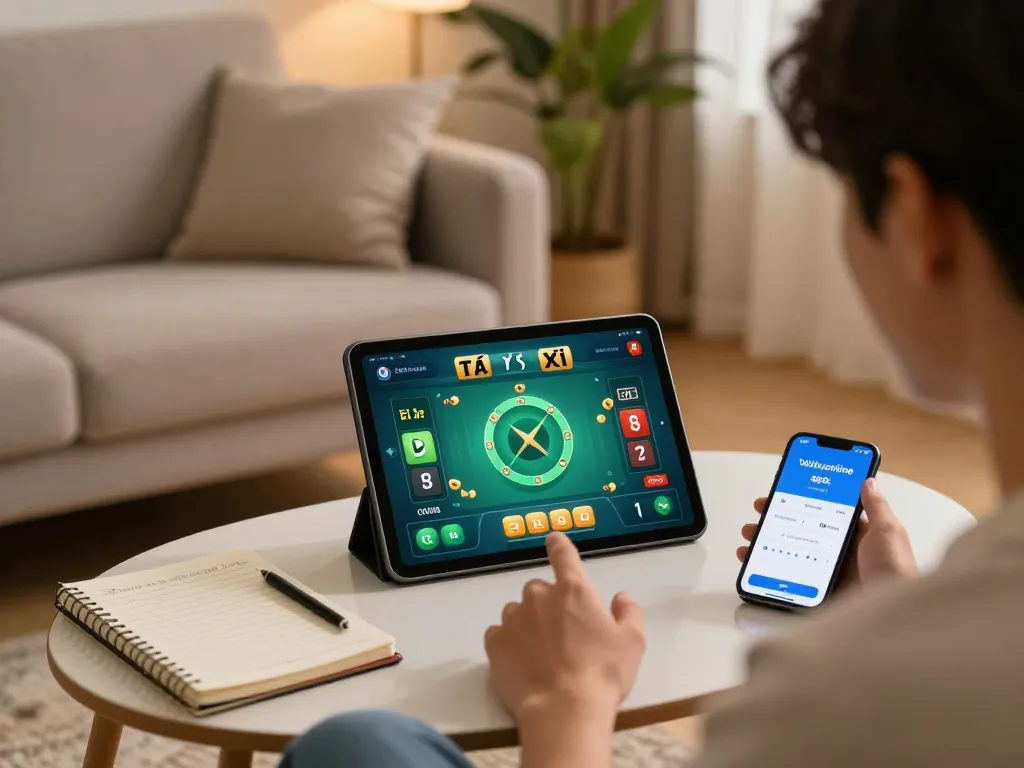 Play Tài Xỉu Online on taixiuonlinego app in a cozy home setting with betting strategies visible