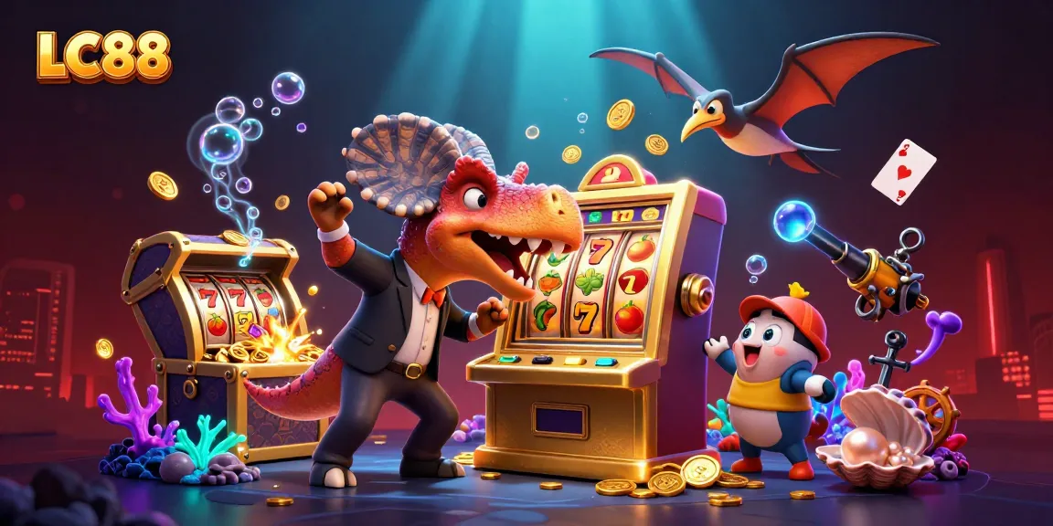 LC88 slot machine jackpot animated scene with dynamic dinosaurs and treasure details