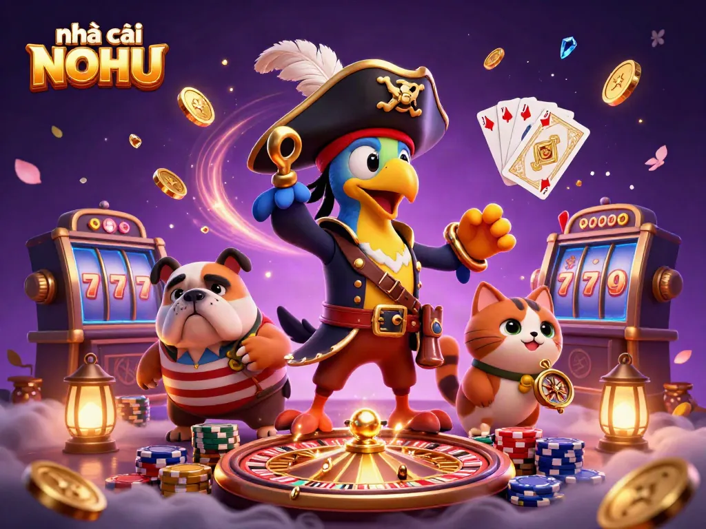 Experience the thrills at nhà cái NOHU with vibrant characters and rich casino elements surrounding a pirate-themed adventure.