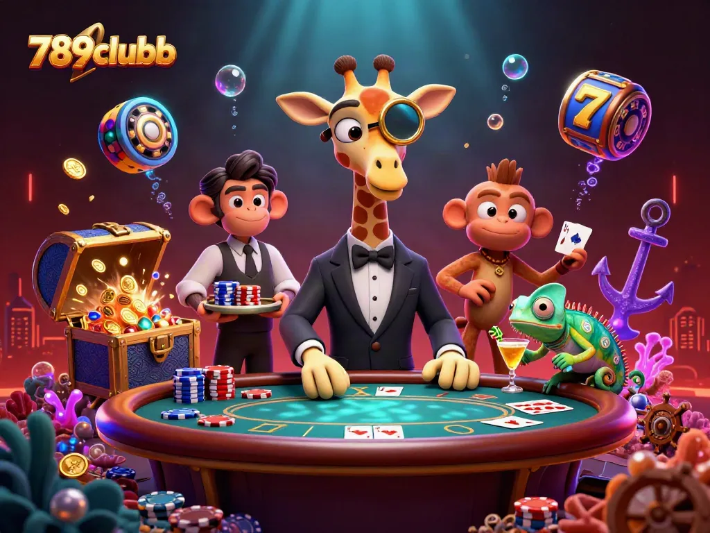 Raise your stakes with 789clubb at the poker table, surrounded by thrilling casino elements.