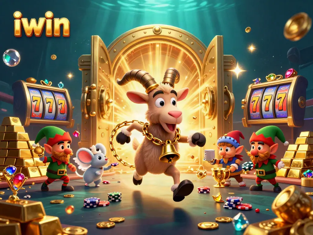 Experience iwin's vibrant casino scene featuring a festive Krampus, angel mouse, and mischievous gremlins among slot machines.