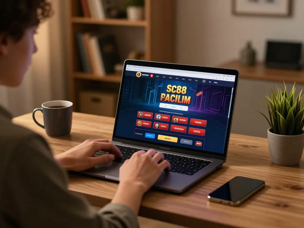 Player immersed in sc88 online casino gameplay at modern desk, creating a cozy atmosphere.