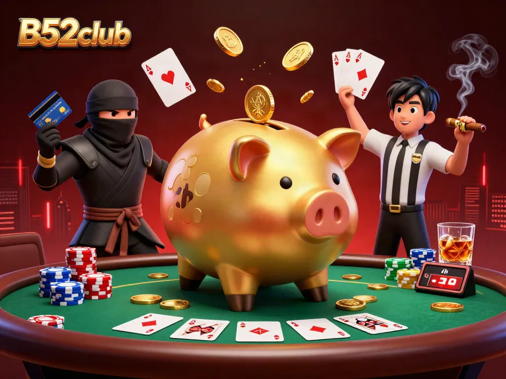 Experience the thrill of B52club with a dynamic scene of casino characters and gaming elements.