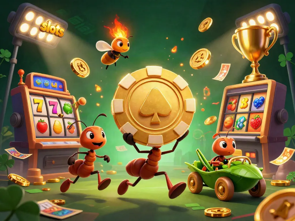 Team of ants joyfully transporting oversized golden poker chip through a lively slot machine backdrop, enhancing slots gameplay excitement.