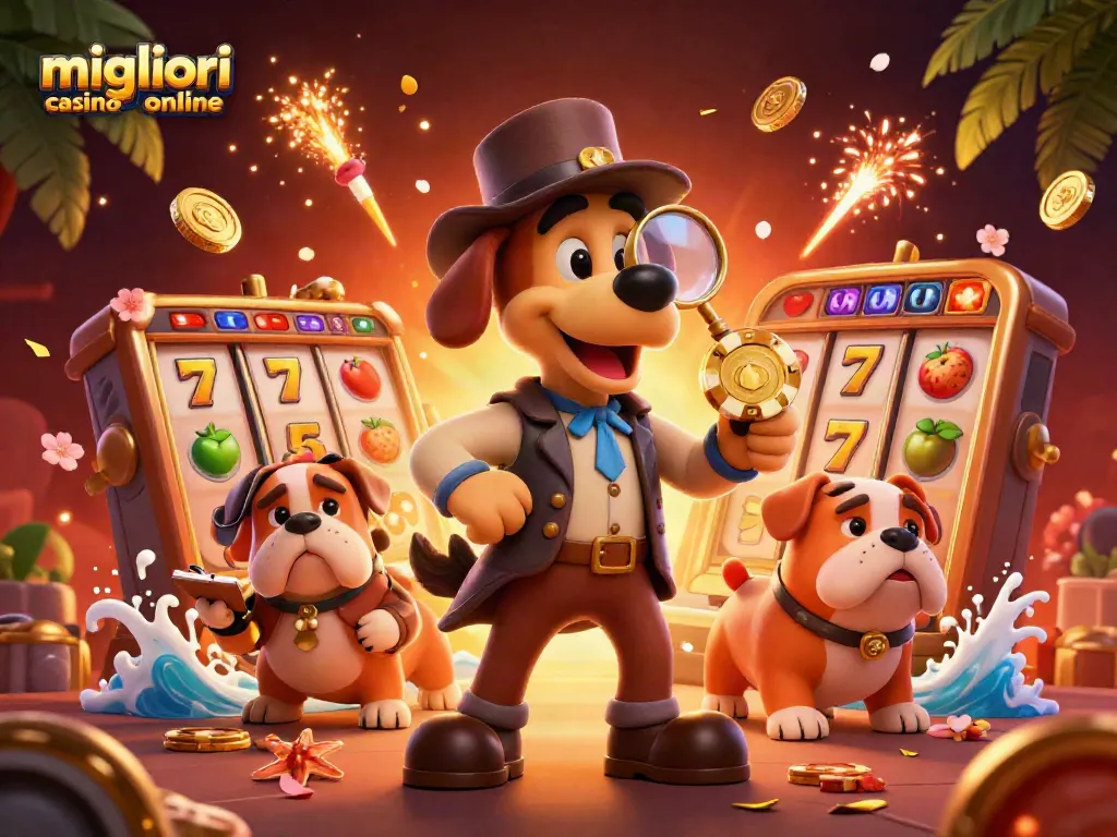 I migliori casino online offrono giochi intriganti e opportunità di vincita. Un'immagine colorata di un detective e un bulldog in scena.