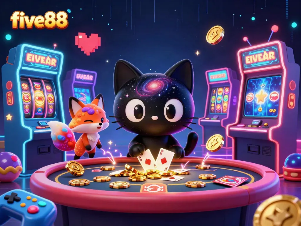 Experience thrilling casino gameplay with five88 in a vibrant 3D cosmic scene filled with exciting slot machine elements.