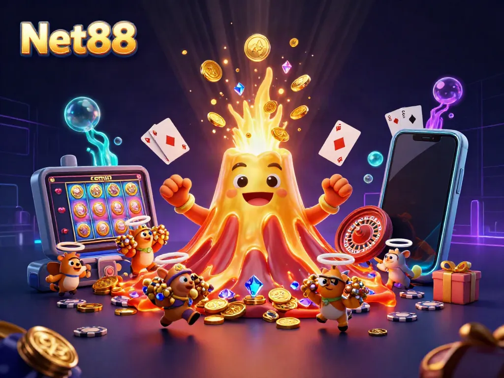 Engage with Net88's thrilling casino adventure featuring a golden volcano erupting treasures amidst a vibrant scene.