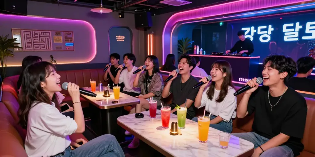 강남 달토의 현대적인 카라오케 바 풍경, 친구들이 마이크를 부르고 즐거워하는 모습