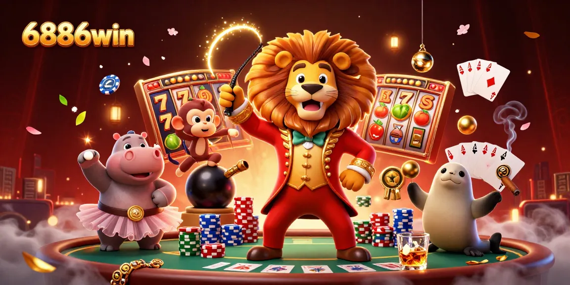 Experience the thrilling jackpot action at 6886win with an ultra-detailed circus-themed casino scene.