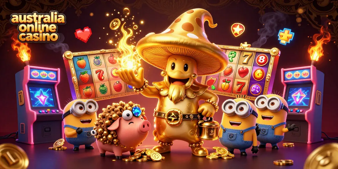 Experience the magic of a vibrant australia online casino scene featuring a golden mushroom wizard and treasure-laden characters.