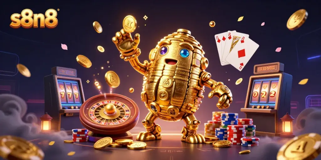 Exciting s8n8 gaming scene with a golden golem and vibrant casino elements.