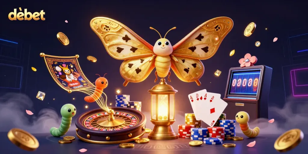 Experience the excitement of Debet with a vibrant 3D casino scene showcasing playing cards and golden coins.