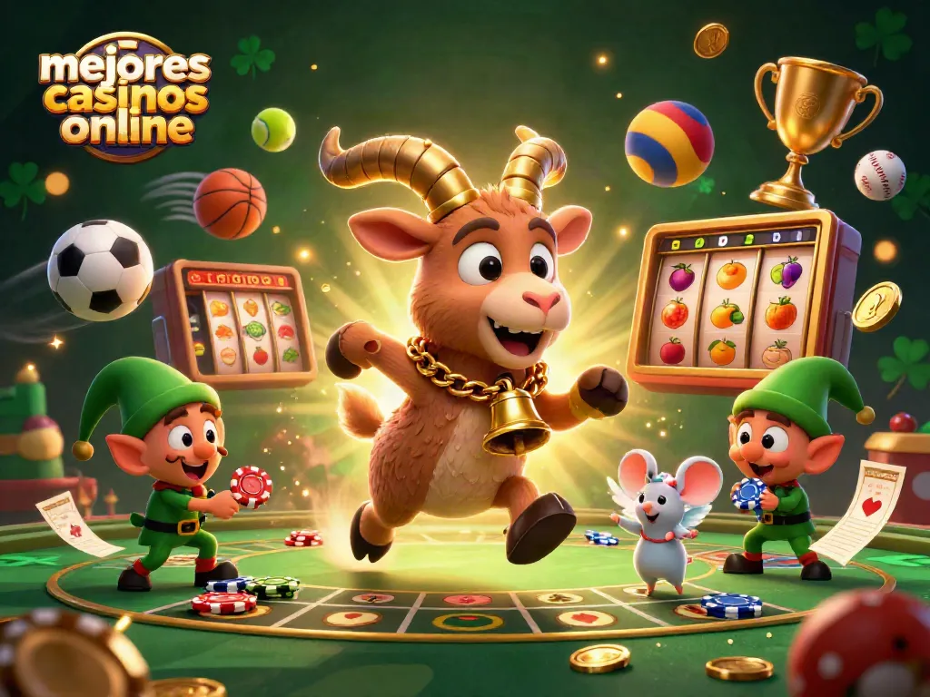 Ilustración de un casino con "mejores casinos online" donde un Krampus y un ratón controlan el juego y los duendes roban fichas.